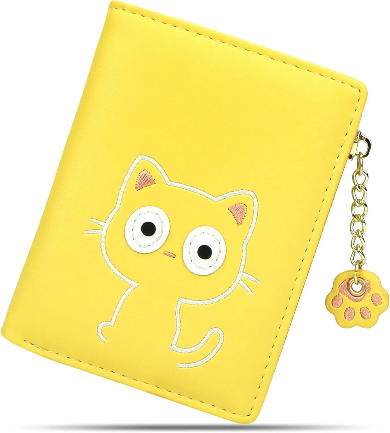 CONISY Cute Wallets for Women, Leather RFID Blocking Small Bifold Wallet with Zipper Coin Purse for Girls and Ladies Womens Wallet (Cat Yellow)