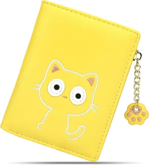 CONISY Cute Wallets for Women, Leather RFID Blocking Small Bifold Wallet with Zipper Coin Purse for Girls and Ladies Womens Wallet (Cat Yellow)