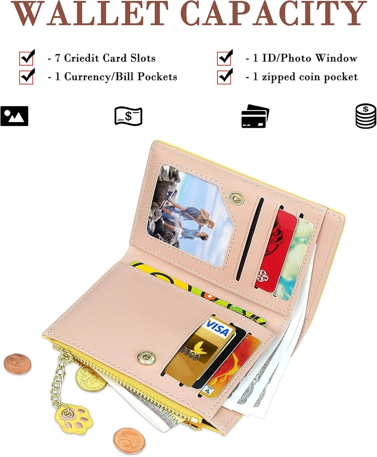 CONISY Cute Wallets for Women, Leather RFID Blocking Small Bifold Wallet with Zipper Coin Purse for Girls and Ladies Womens Wallet (Cat Yellow)