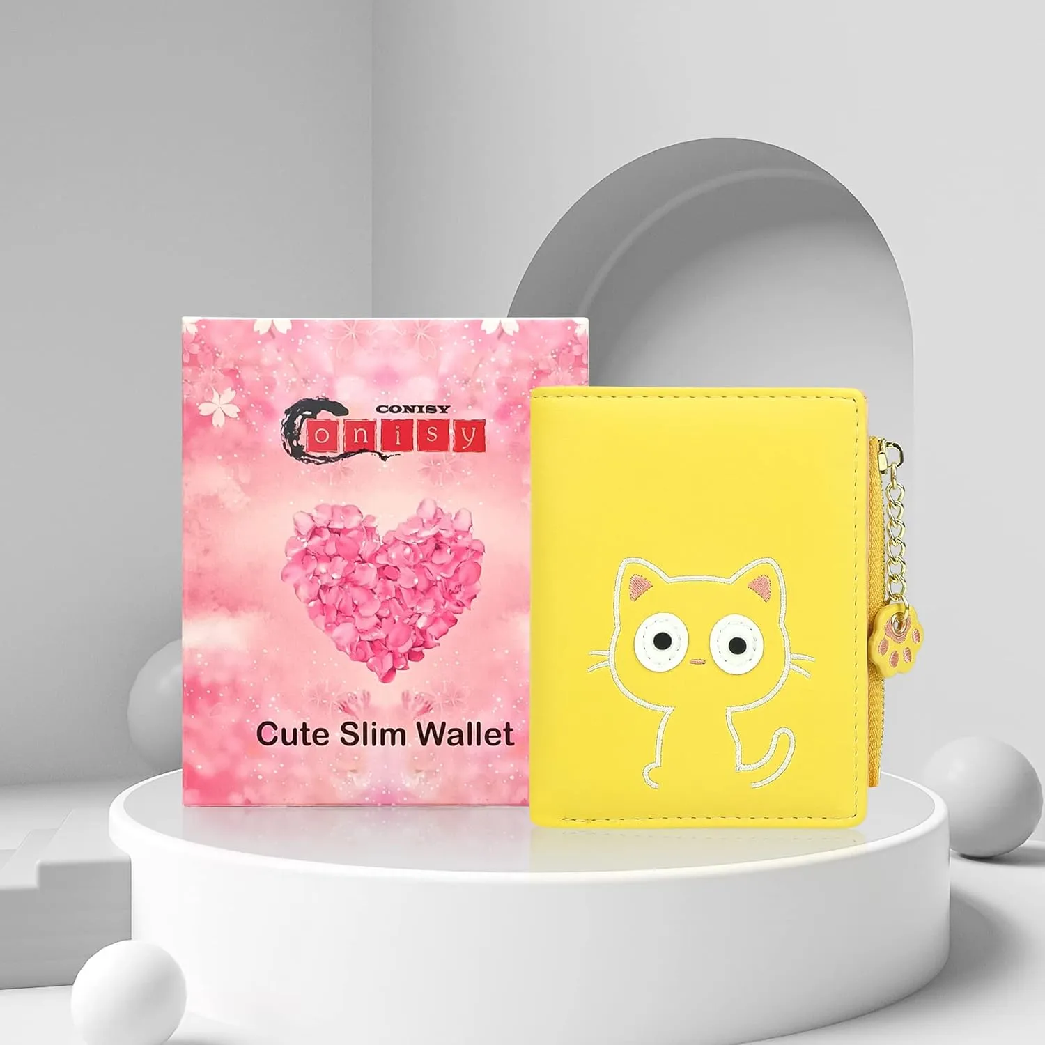 CONISY Cute Wallets for Women, Leather RFID Blocking Small Bifold Wallet with Zipper Coin Purse for Girls and Ladies Womens Wallet (Cat Yellow)