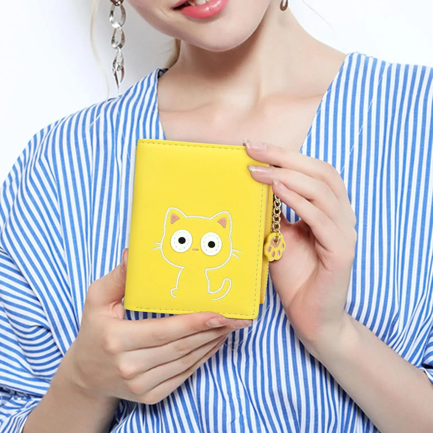 CONISY Cute Wallets for Women, Leather RFID Blocking Small Bifold Wallet with Zipper Coin Purse for Girls and Ladies Womens Wallet (Cat Yellow)