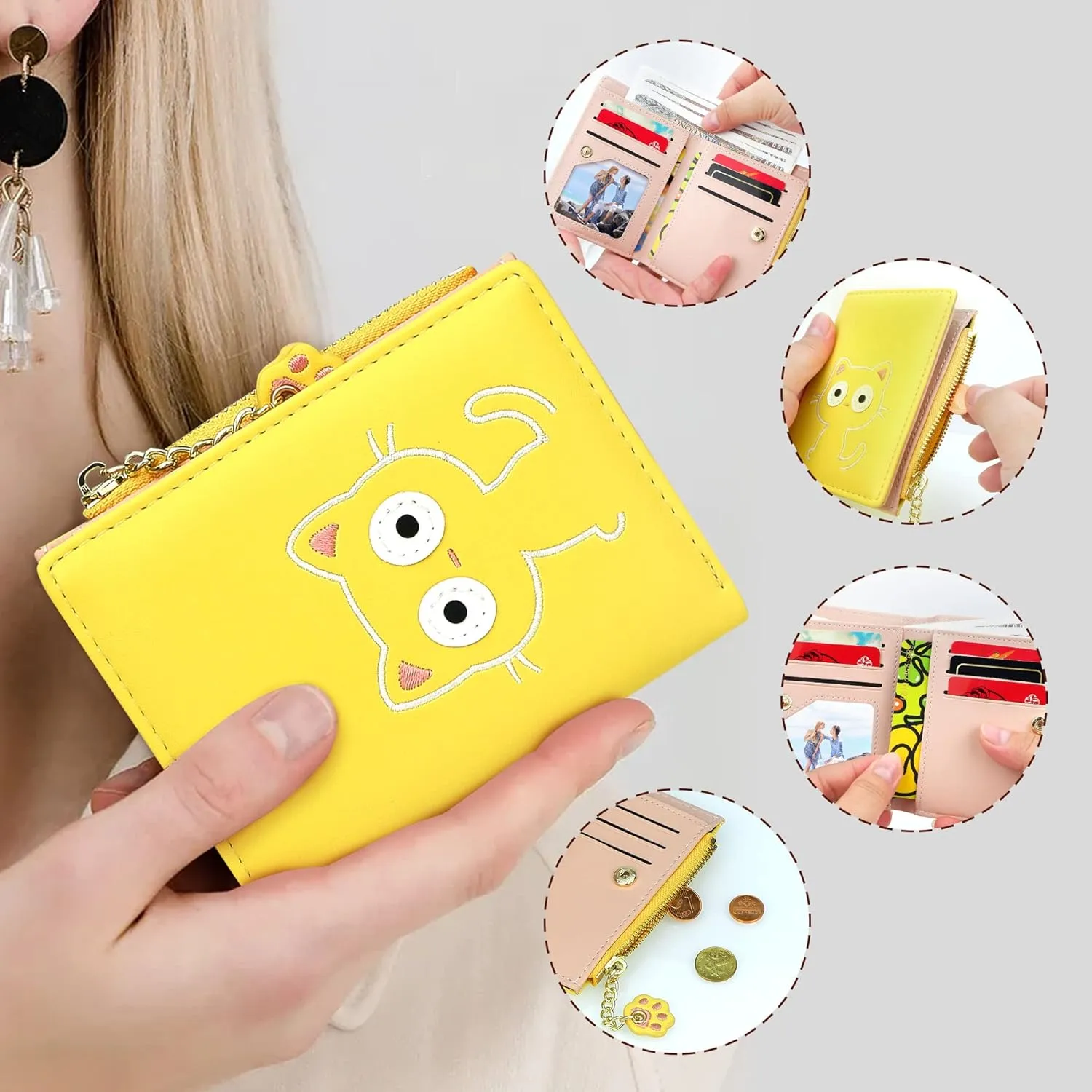 CONISY Cute Wallets for Women, Leather RFID Blocking Small Bifold Wallet with Zipper Coin Purse for Girls and Ladies Womens Wallet (Cat Yellow)
