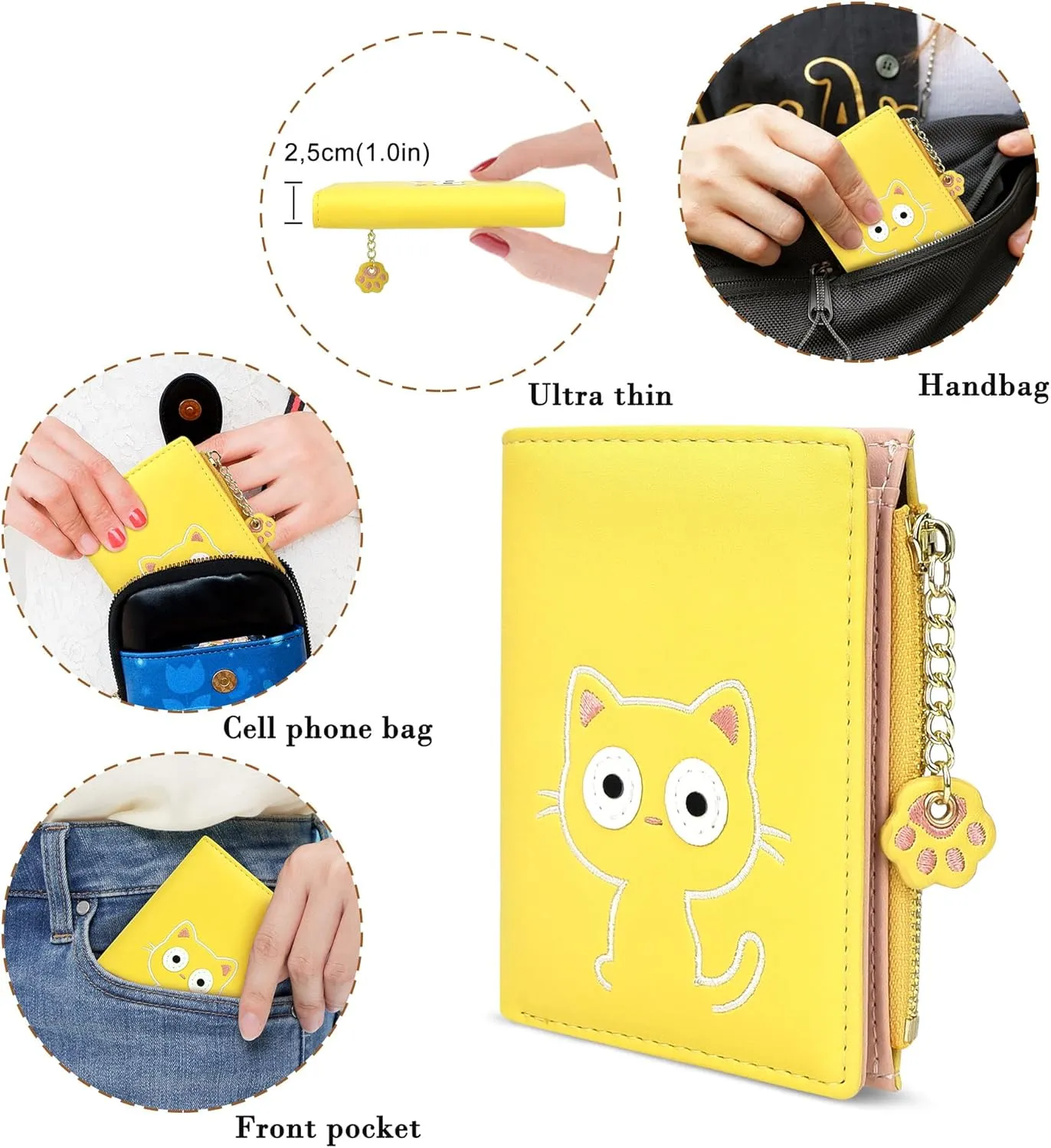 CONISY Cute Wallets for Women, Leather RFID Blocking Small Bifold Wallet with Zipper Coin Purse for Girls and Ladies Womens Wallet (Cat Yellow)