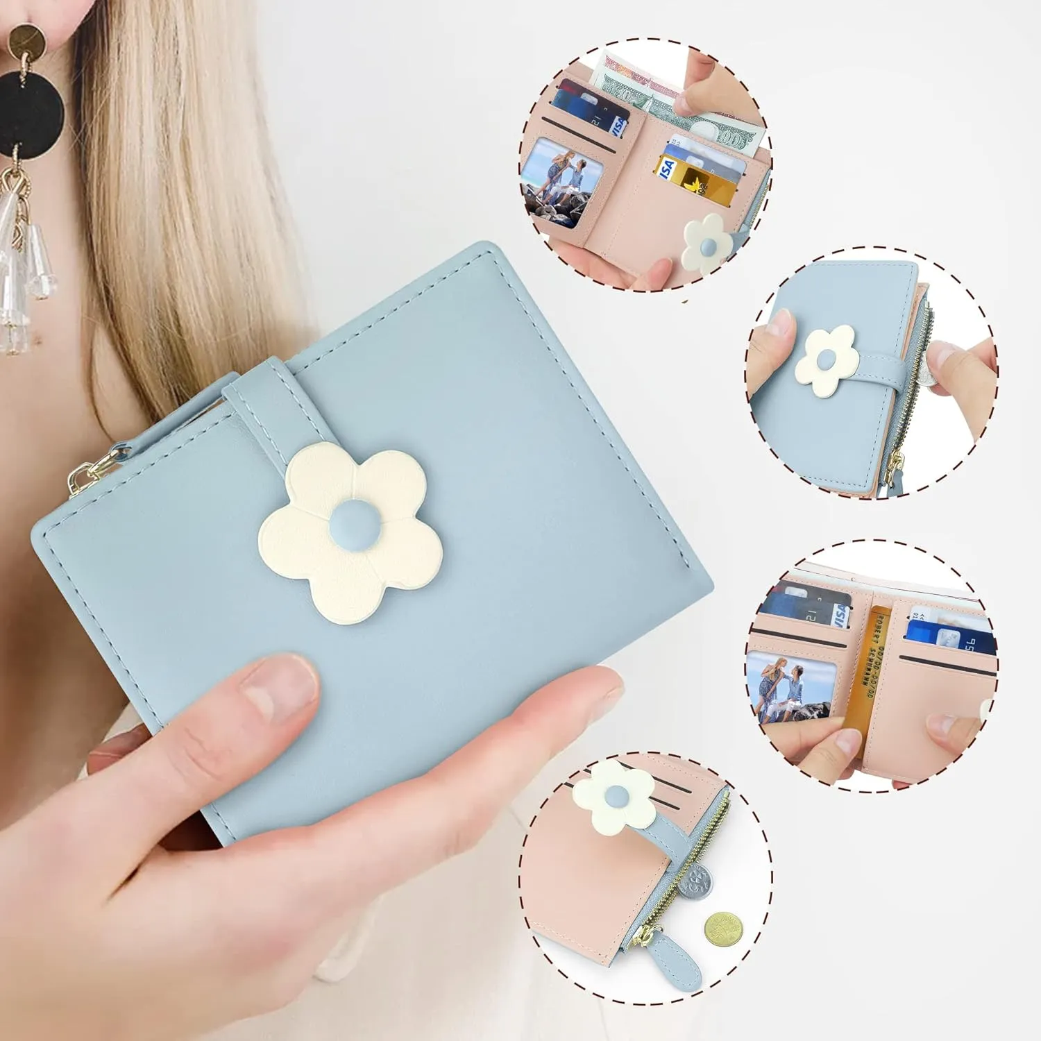 CONISY Cute Wallets for Women, Leather RFID Blocking Small Bifold Wallet with Zipper Coin Purse for Girls and Ladies Womens Wallet (Flower Blue)
