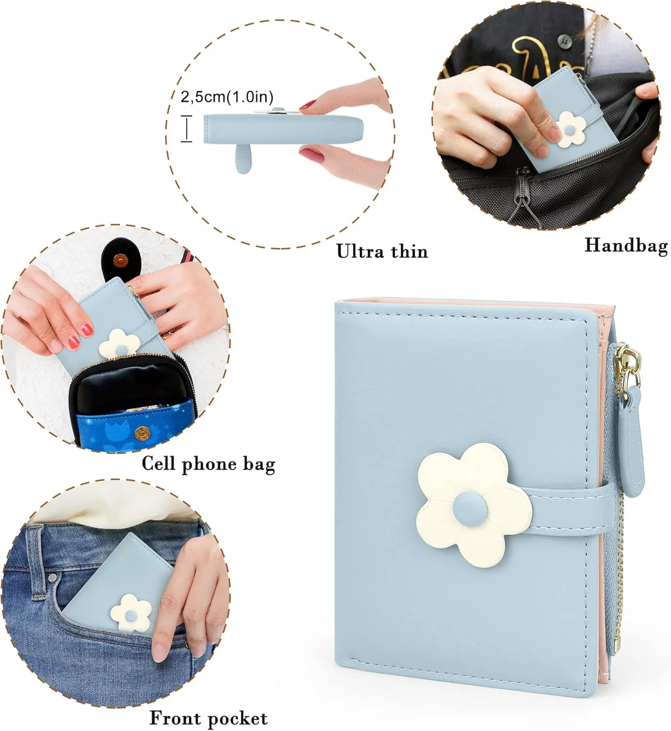 CONISY Cute Wallets for Women, Leather RFID Blocking Small Bifold Wallet with Zipper Coin Purse for Girls and Ladies Womens Wallet (Flower Blue)