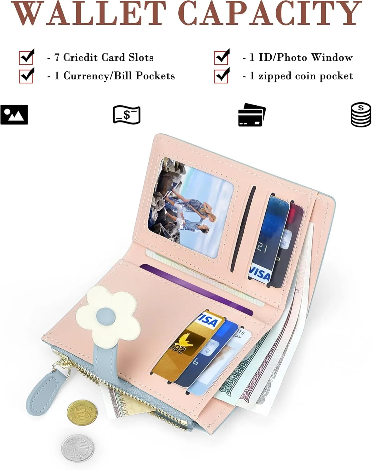 CONISY Cute Wallets for Women, Leather RFID Blocking Small Bifold Wallet with Zipper Coin Purse for Girls and Ladies Womens Wallet (Flower Blue)