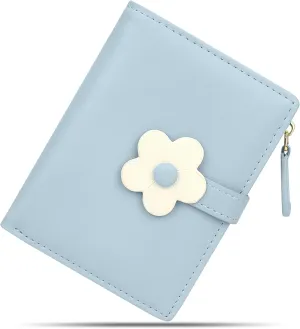 CONISY Cute Wallets for Women, Leather RFID Blocking Small Bifold Wallet with Zipper Coin Purse for Girls and Ladies Womens Wallet (Flower Blue)