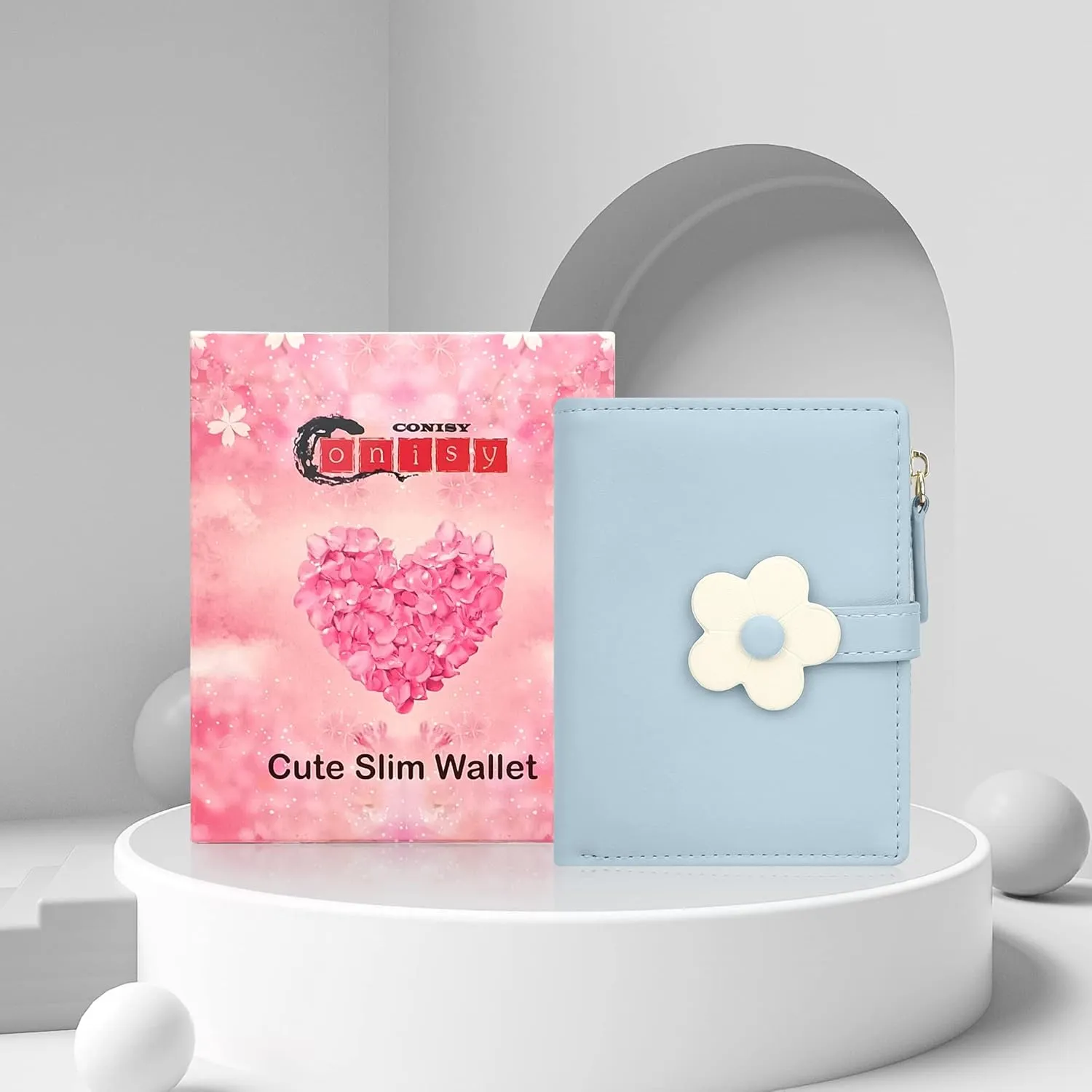 CONISY Cute Wallets for Women, Leather RFID Blocking Small Bifold Wallet with Zipper Coin Purse for Girls and Ladies Womens Wallet (Flower Blue)