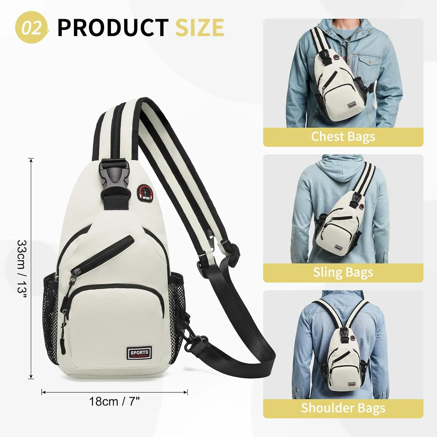 Convertible Sling Bag Crossbody Backpack, 11-Inch Pads Bags with Headphone Jack Shoulder Bag Casual Pack for Women Men Hiking Travel Cycling (White)