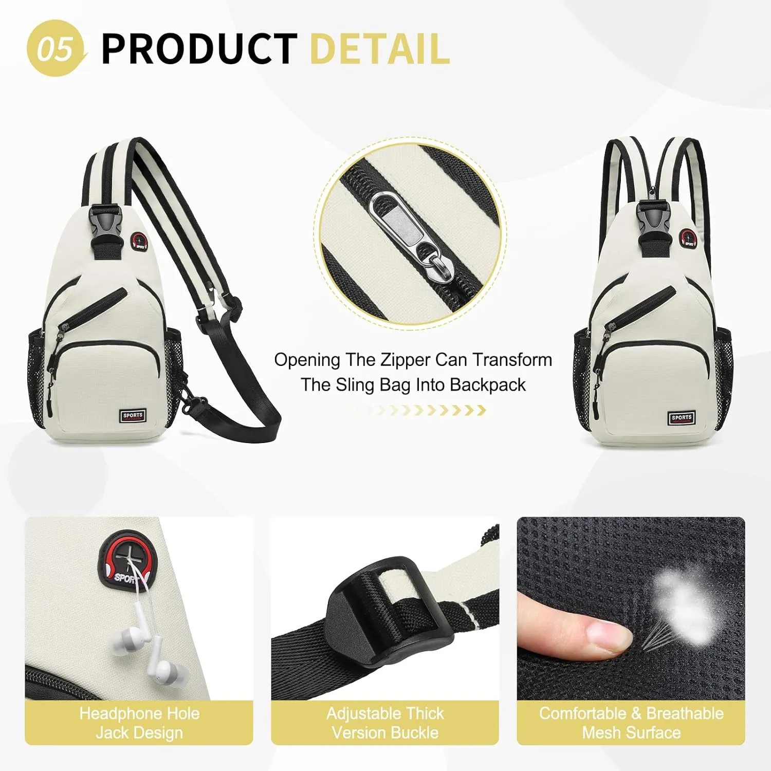 Convertible Sling Bag Crossbody Backpack, 11-Inch Pads Bags with Headphone Jack Shoulder Bag Casual Pack for Women Men Hiking Travel Cycling (White)