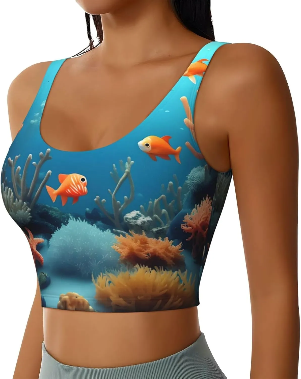 Coral Fish underwater Women's U-Shaped Sports Bra, Padded Round Neck Sports Short Tank Top