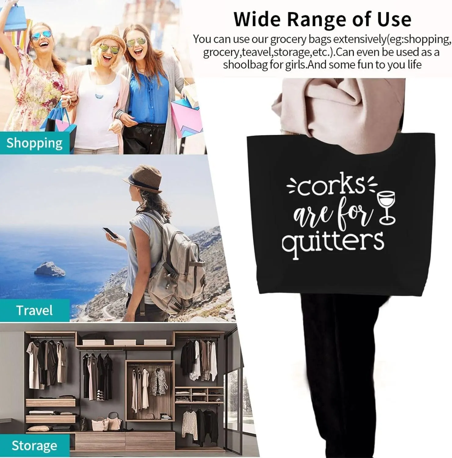 Corks are for Quitters Women's Lightweight Canvas Handbag Waterproof Reusable Shopping Bag