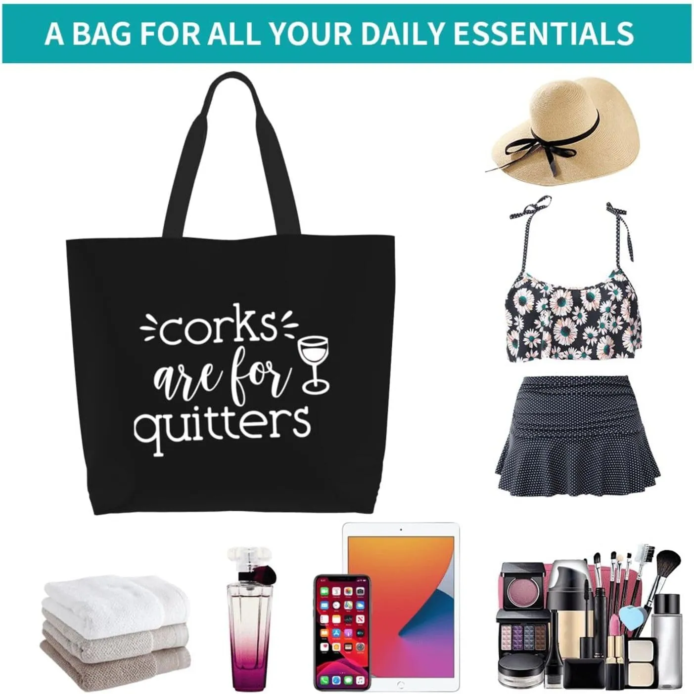 Corks are for Quitters Women's Lightweight Canvas Handbag Waterproof Reusable Shopping Bag
