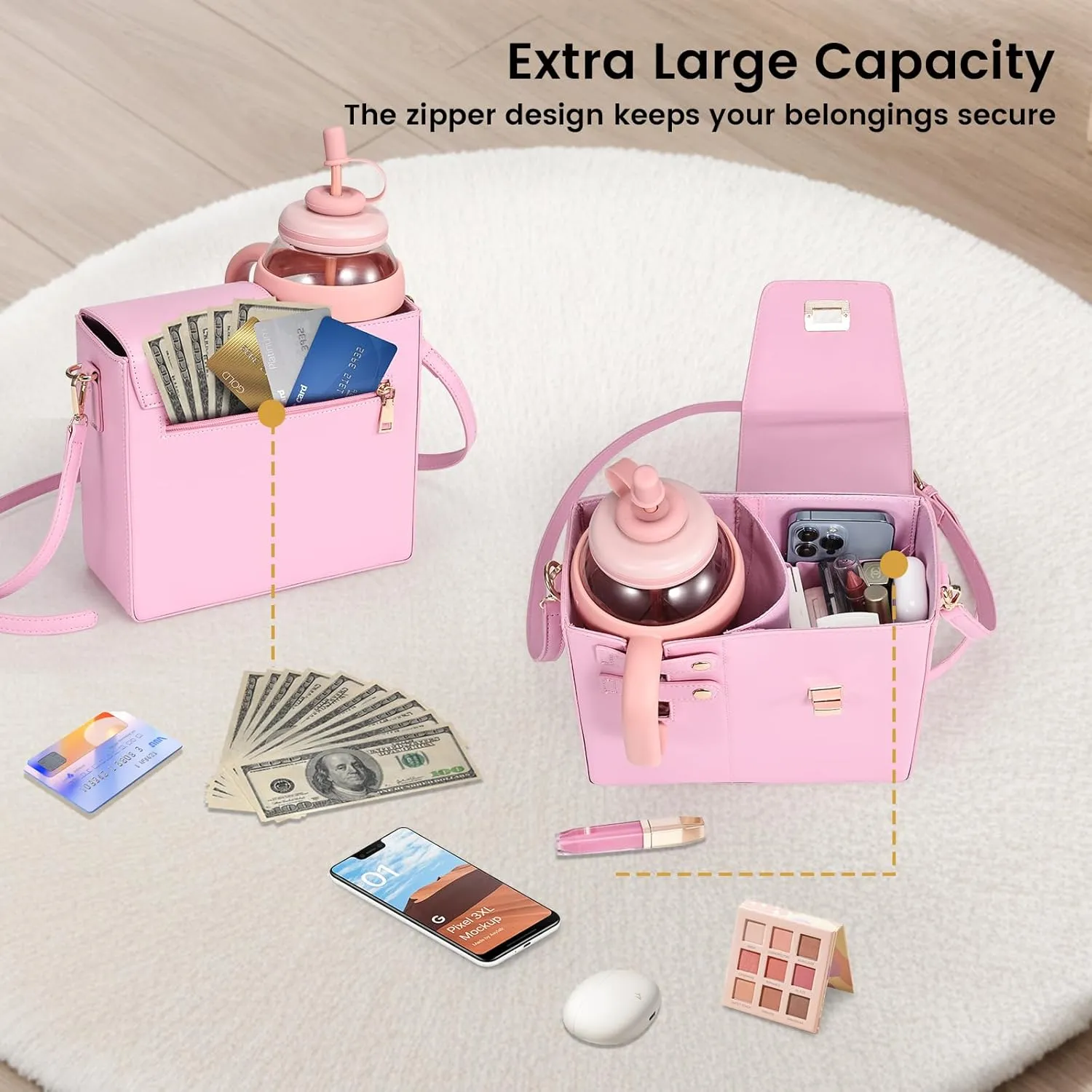 Costravio Outdoor Crossbody Bag Water Cup Storage Sports Bottle Holder Portable Crossbody PU Leather Case Tumbler Purse with Water Bottle Pocket Fits Most Bottles Cup Carrier Bag for Women