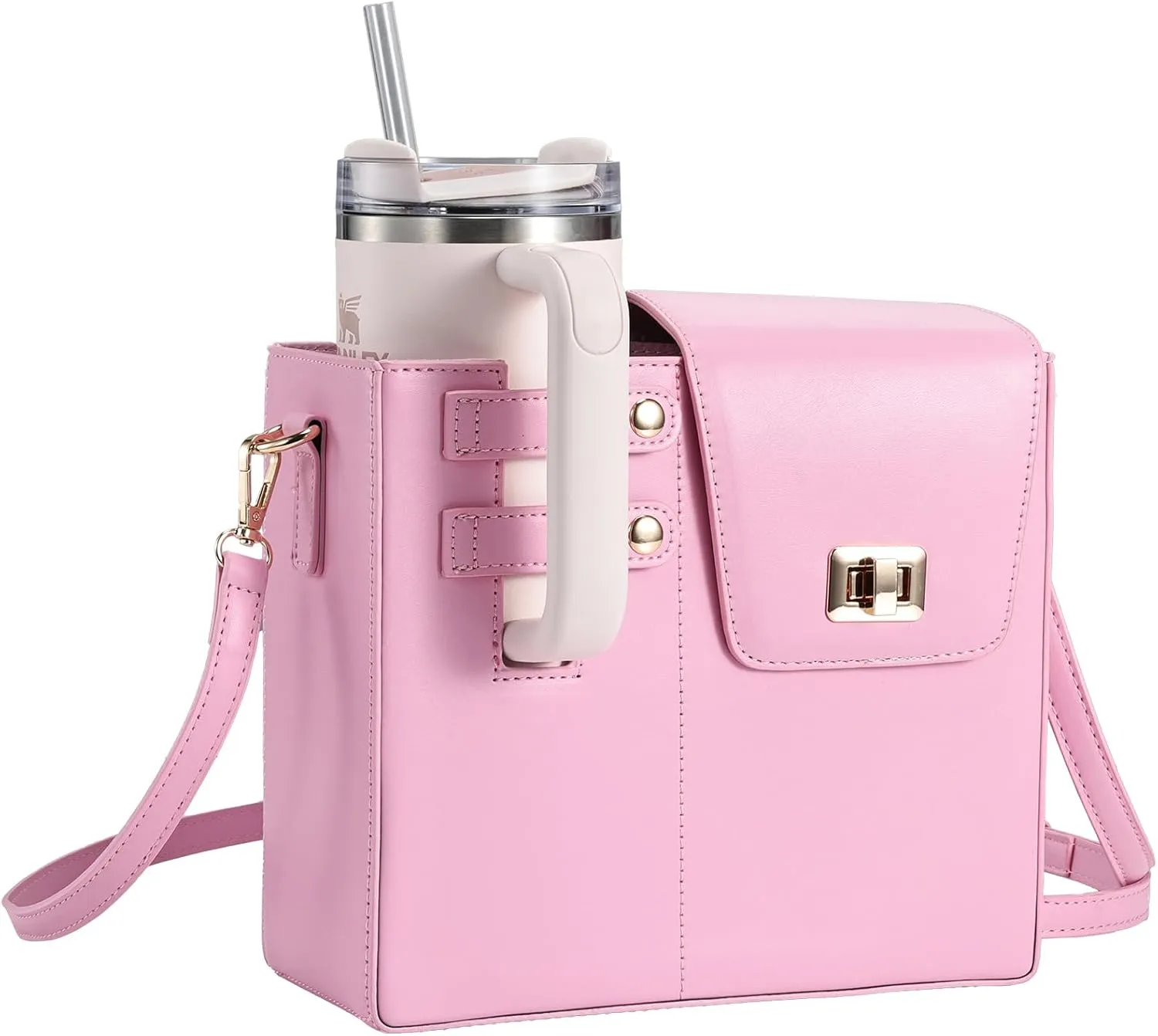 Costravio Outdoor Crossbody Bag Water Cup Storage Sports Bottle Holder Portable Crossbody PU Leather Case Tumbler Purse with Water Bottle Pocket Fits Most Bottles Cup Carrier Bag for Women