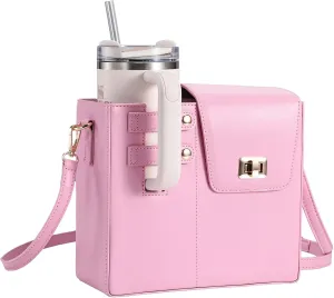 Costravio Outdoor Crossbody Bag Water Cup Storage Sports Bottle Holder Portable Crossbody PU Leather Case Tumbler Purse with Water Bottle Pocket Fits Most Bottles Cup Carrier Bag for Women