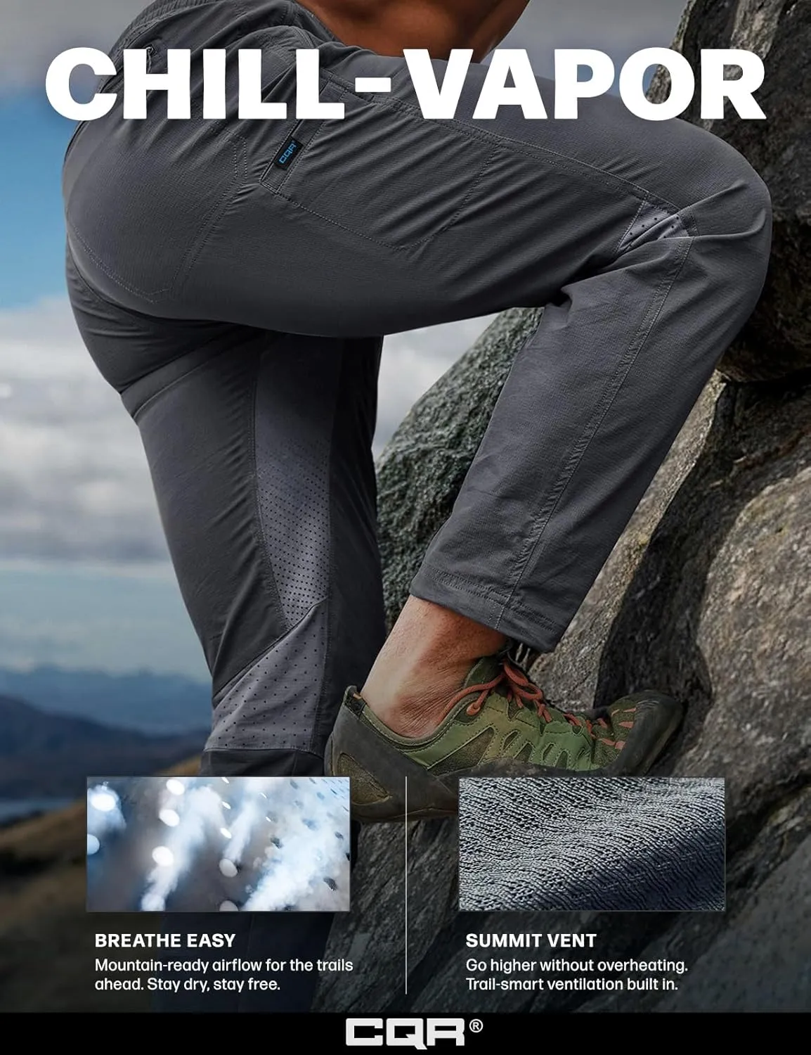 CQR Men's Lightweight Vent Hiking Pants, Water-Resistant & Breathable Sports Outdoor Athletic Pants with Elastic Waist