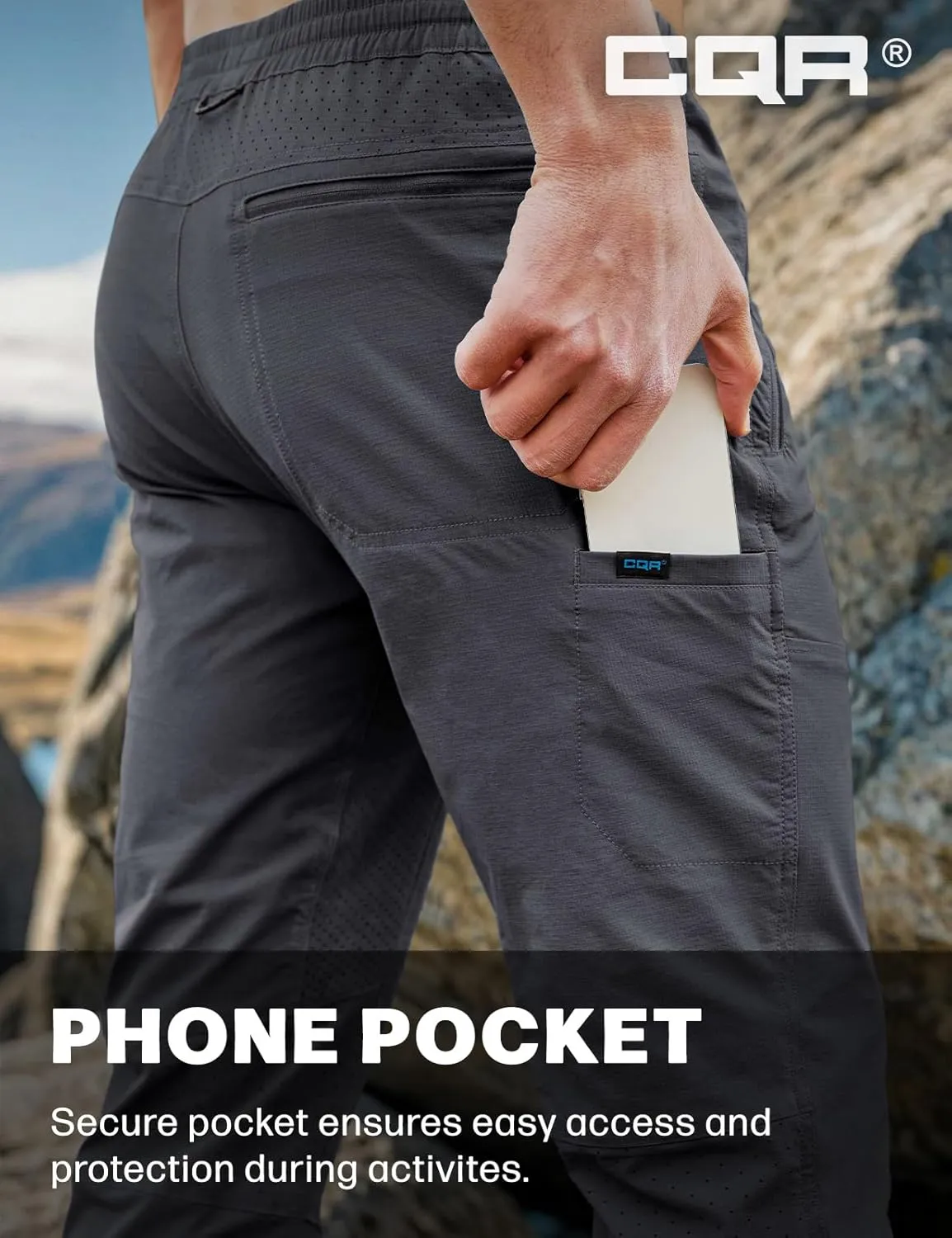 CQR Men's Lightweight Vent Hiking Pants, Water-Resistant & Breathable Sports Outdoor Athletic Pants with Elastic Waist