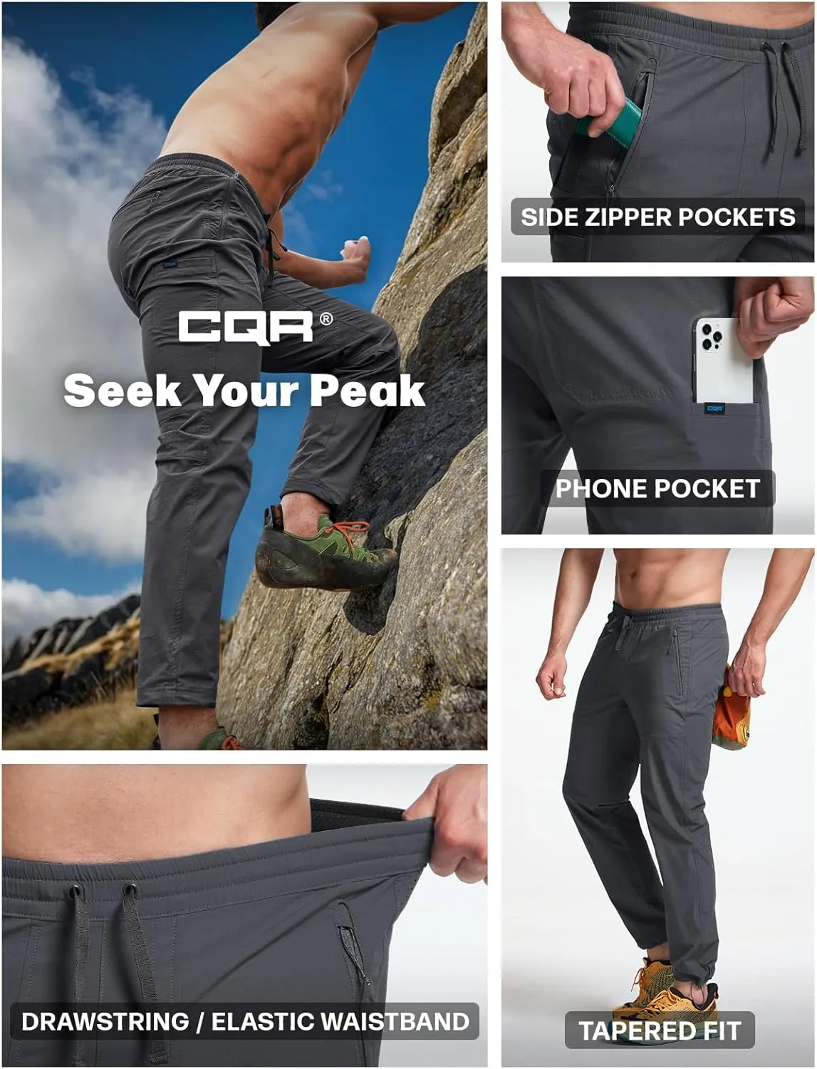 CQR Men's Lightweight Vent Hiking Pants, Water-Resistant & Breathable Sports Outdoor Athletic Pants with Elastic Waist