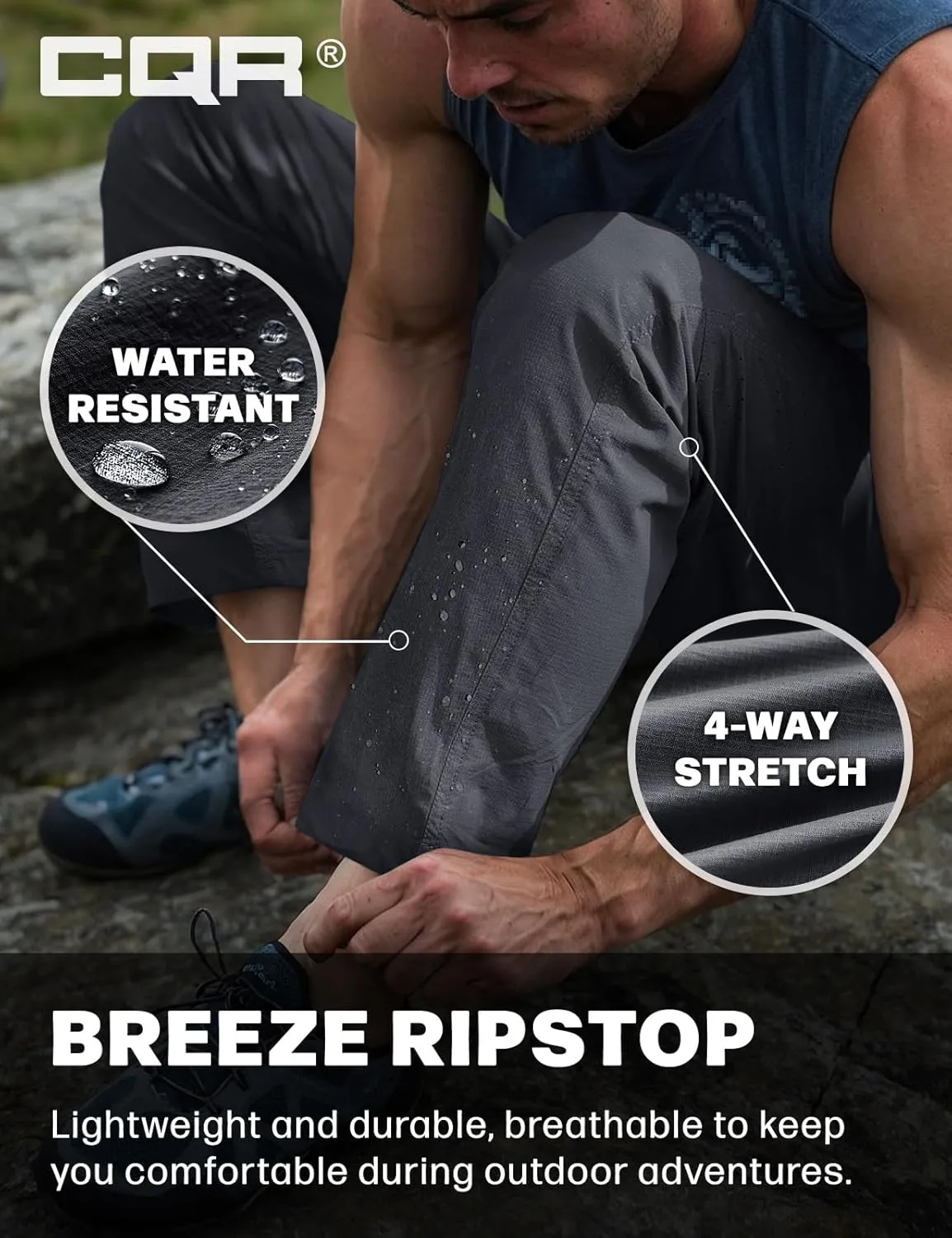 CQR Men's Lightweight Vent Hiking Pants, Water-Resistant & Breathable Sports Outdoor Athletic Pants with Elastic Waist