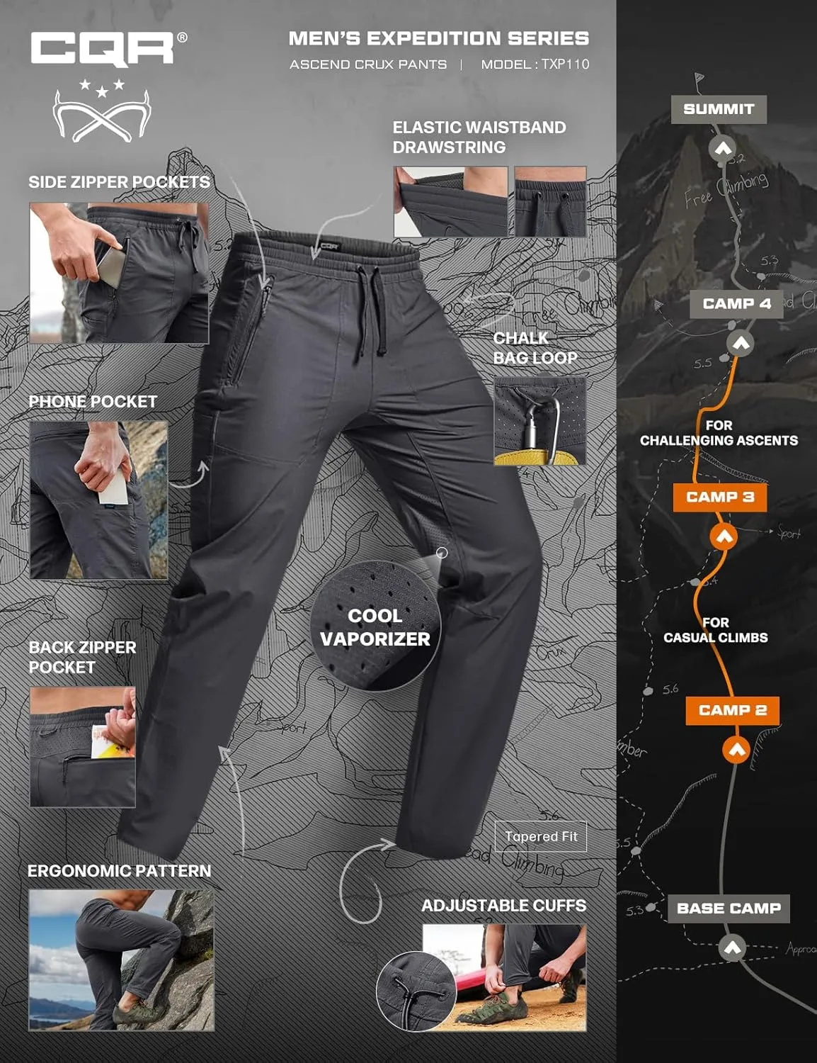 CQR Men's Lightweight Vent Hiking Pants, Water-Resistant & Breathable Sports Outdoor Athletic Pants with Elastic Waist