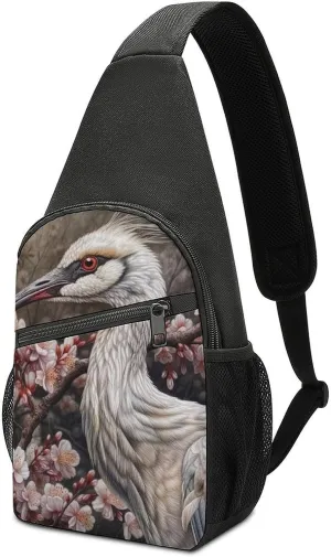 Crane near Flower Sling Bag Casual Chest Bag Crossbody Shoulder Backpack Sport Travel Hiking Daypack for Women Men