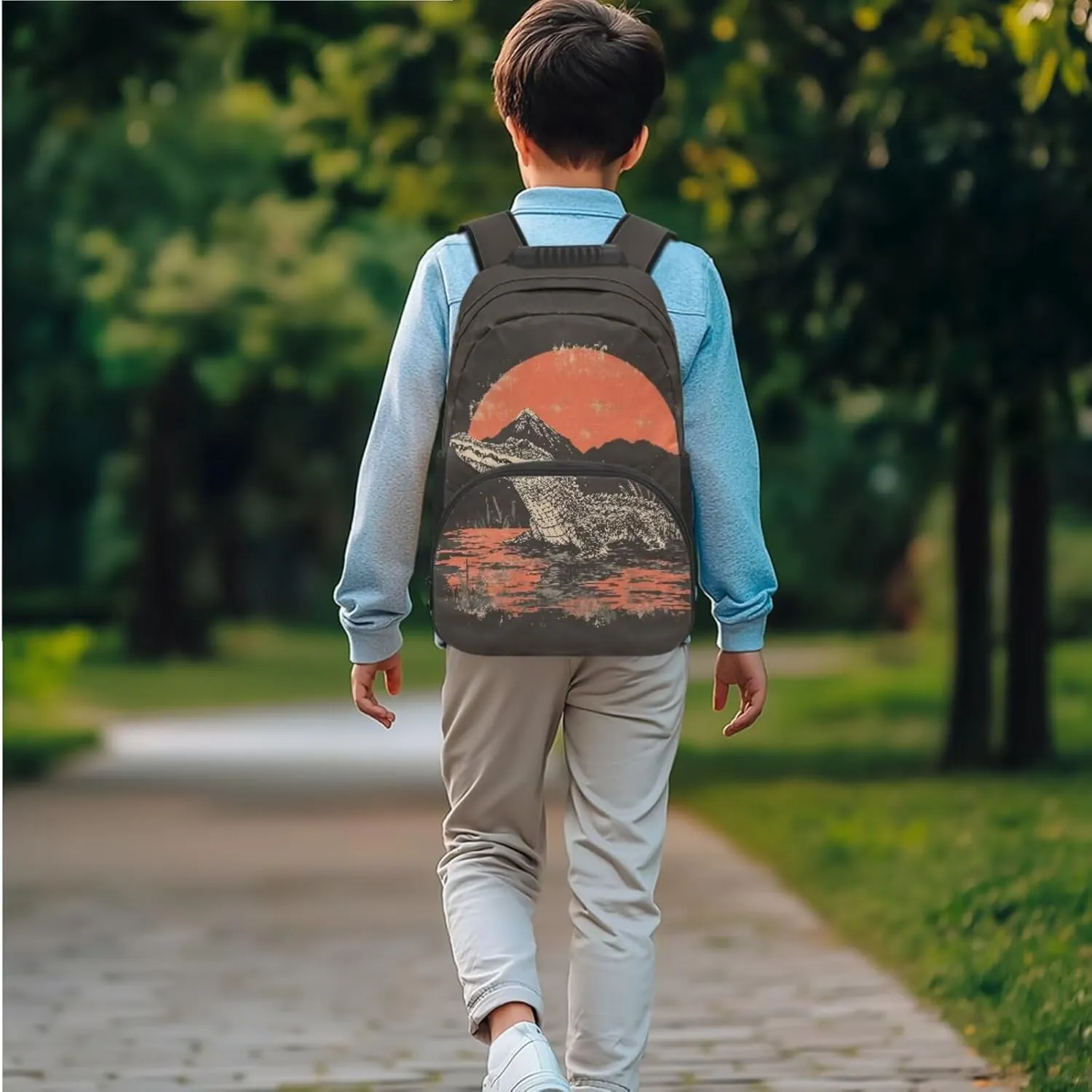 Crocodile Print School Bag Kids Backpack Sets for Boys 3pcs Girls Bookbag Versatile Daypack with Lunch Bag with Removable & Adjustable Shoulder Strap