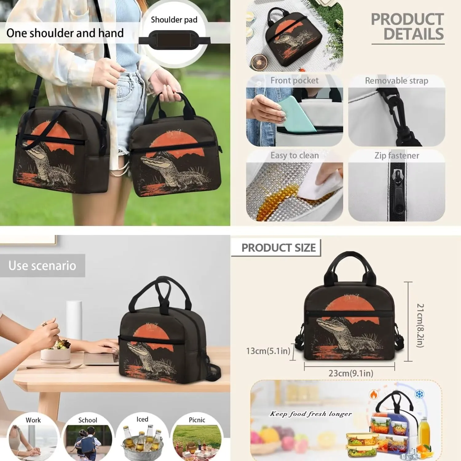 Crocodile Print School Bag Kids Backpack Sets for Boys 3pcs Girls Bookbag Versatile Daypack with Lunch Bag with Removable & Adjustable Shoulder Strap