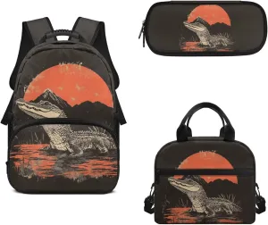 Crocodile Print School Bag Kids Backpack Sets for Boys 3pcs Girls Bookbag Versatile Daypack with Lunch Bag with Removable & Adjustable Shoulder Strap