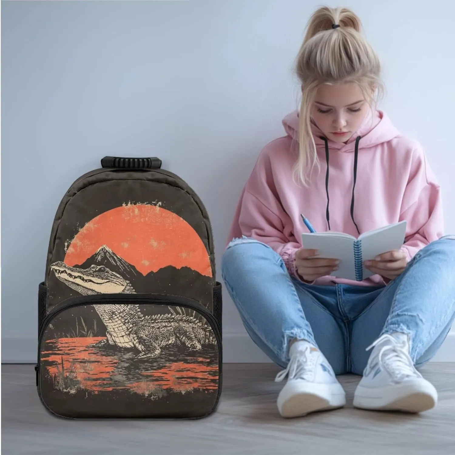Crocodile Print School Bag Kids Backpack Sets for Boys 3pcs Girls Bookbag Versatile Daypack with Lunch Bag with Removable & Adjustable Shoulder Strap