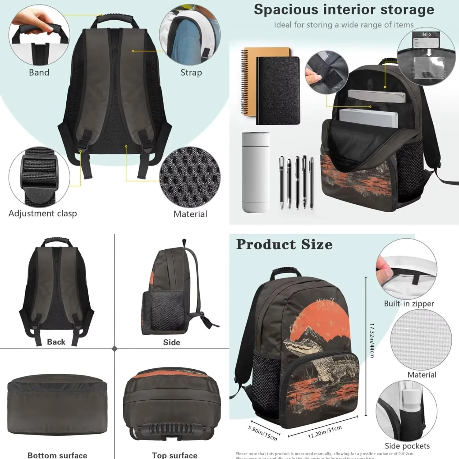Crocodile Print School Bag Kids Backpack Sets for Boys 3pcs Girls Bookbag Versatile Daypack with Lunch Bag with Removable & Adjustable Shoulder Strap