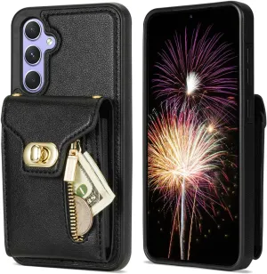 Crossbody Wallet Case for Samsung Galaxy S24, Flip Leather Purse Case with Card Holder, Protective Handbag Phone Cover with Zipper Shoulder Strap Lanyard for Samsung S24 6.2inch, Black