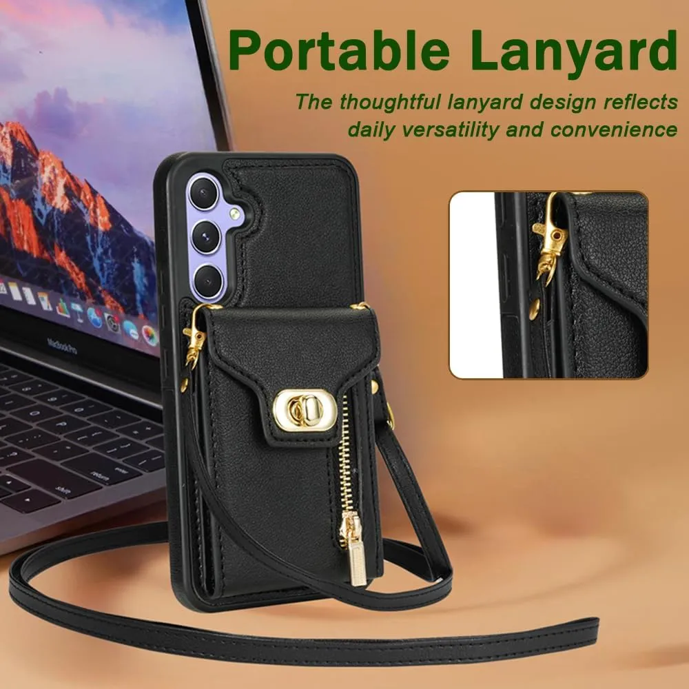 Crossbody Wallet Case for Samsung Galaxy S24, Flip Leather Purse Case with Card Holder, Protective Handbag Phone Cover with Zipper Shoulder Strap Lanyard for Samsung S24 6.2inch, Black