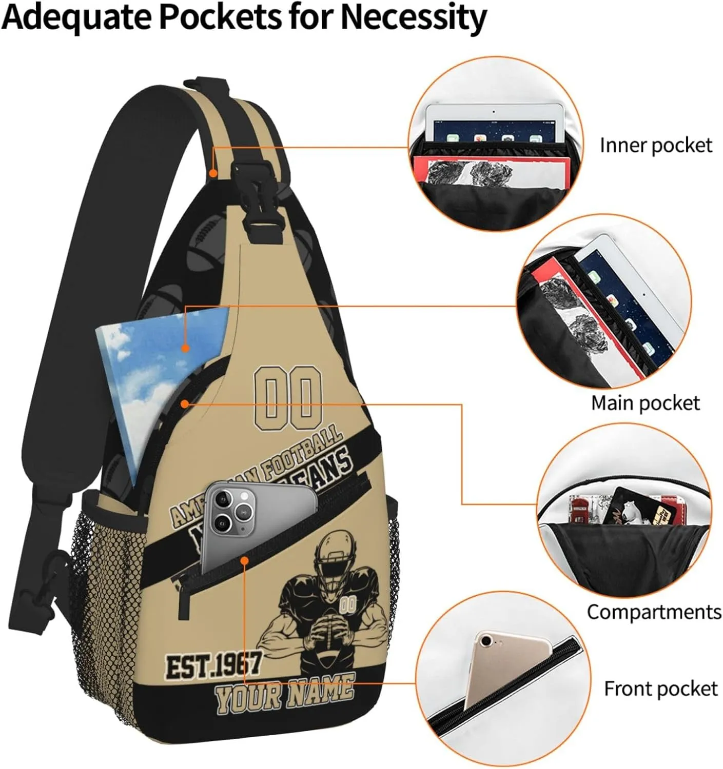 Custom Football Sling Bag New Orleans Style Crossbody Bags Personalized Name And Number Shoulder Backpack Lightweight Chest Pack for Sports/Travel/Gifts