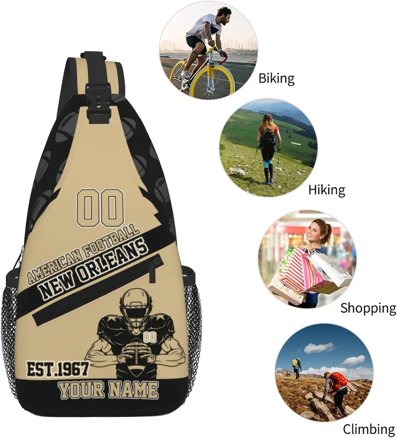 Custom Football Sling Bag New Orleans Style Crossbody Bags Personalized Name And Number Shoulder Backpack Lightweight Chest Pack for Sports/Travel/Gifts