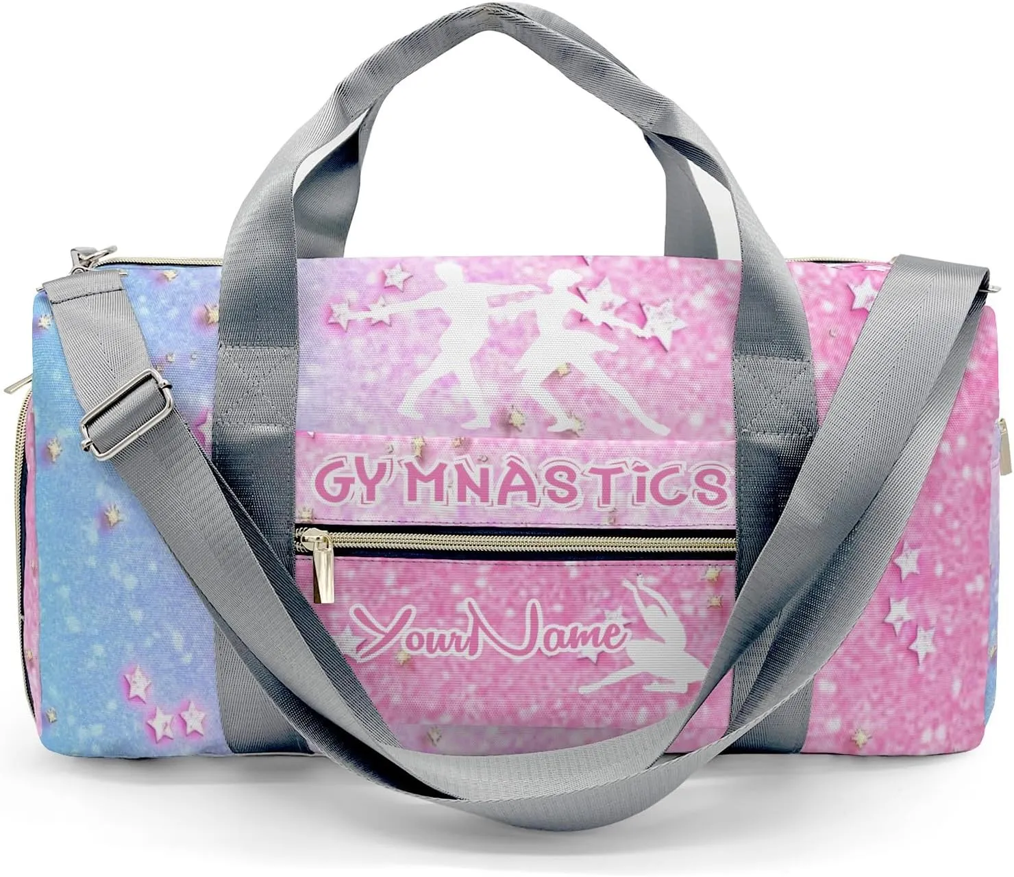 Custom Gymnastics Pink Blue Star Duffel Bag with Name Child Kids Gym Bags Adjustable Shoulder Strap Travel Bag for Boys Girls Teens