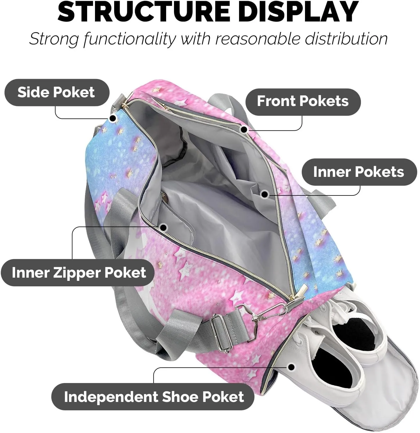 Custom Gymnastics Pink Blue Star Duffel Bag with Name Child Kids Gym Bags Adjustable Shoulder Strap Travel Bag for Boys Girls Teens