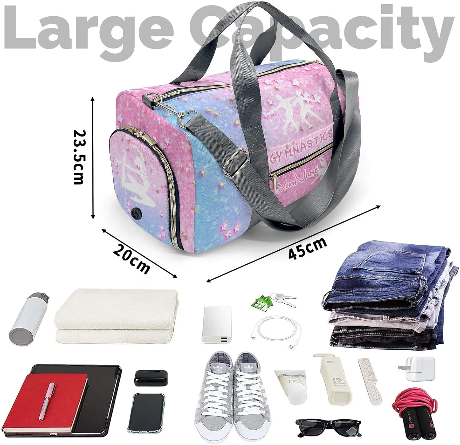 Custom Gymnastics Pink Blue Star Duffel Bag with Name Child Kids Gym Bags Adjustable Shoulder Strap Travel Bag for Boys Girls Teens