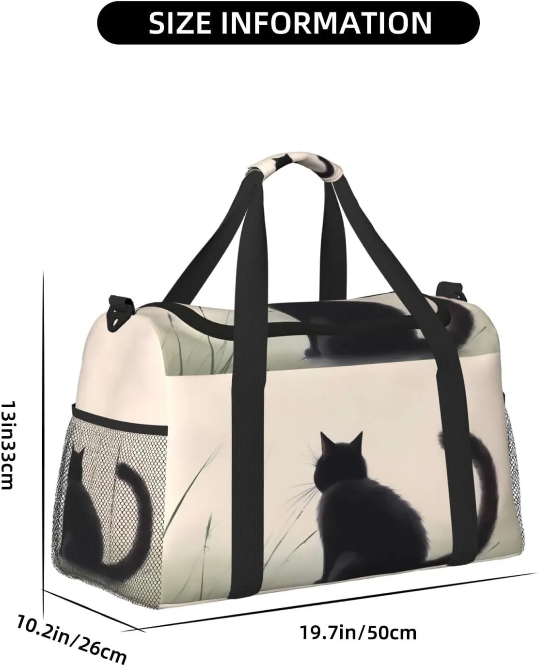 Cute Black Cat Big Capacity Sports Gym Bag Portable Travel Duffle Bag, Butterfly Kitten Lightweight Weekender Workout Bag for Overnight, Unisex