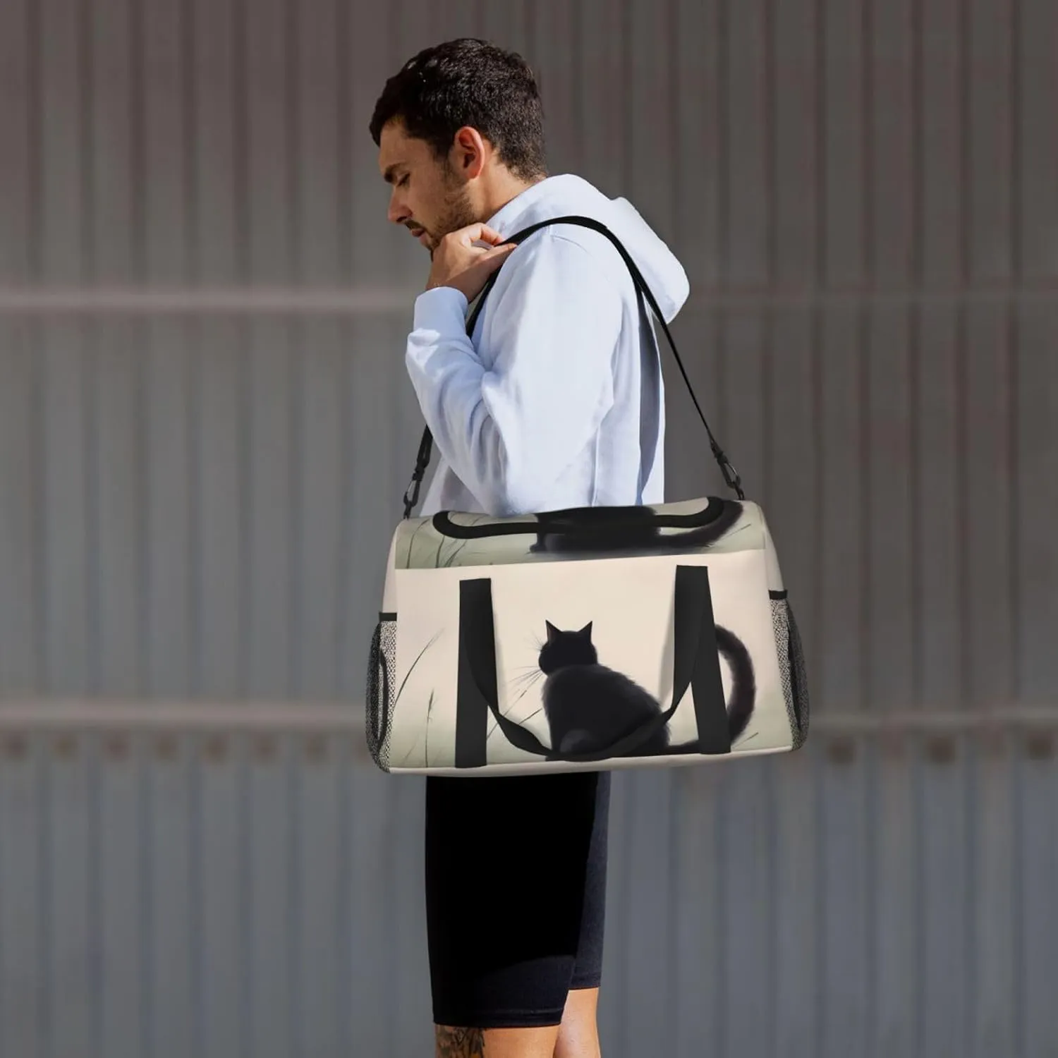 Cute Black Cat Big Capacity Sports Gym Bag Portable Travel Duffle Bag, Butterfly Kitten Lightweight Weekender Workout Bag for Overnight, Unisex