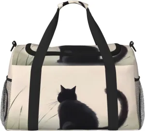 Cute Black Cat Big Capacity Sports Gym Bag Portable Travel Duffle Bag, Butterfly Kitten Lightweight Weekender Workout Bag for Overnight, Unisex