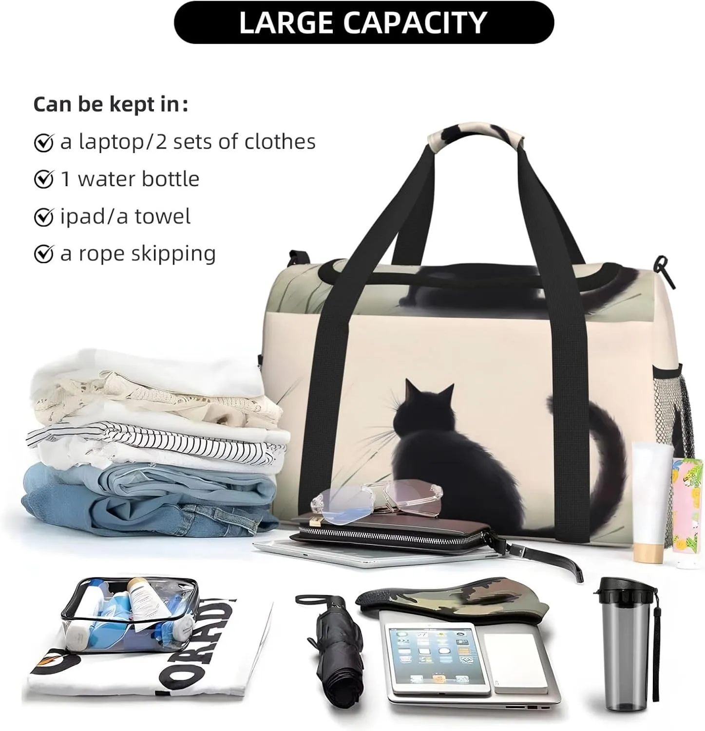 Cute Black Cat Big Capacity Sports Gym Bag Portable Travel Duffle Bag, Butterfly Kitten Lightweight Weekender Workout Bag for Overnight, Unisex