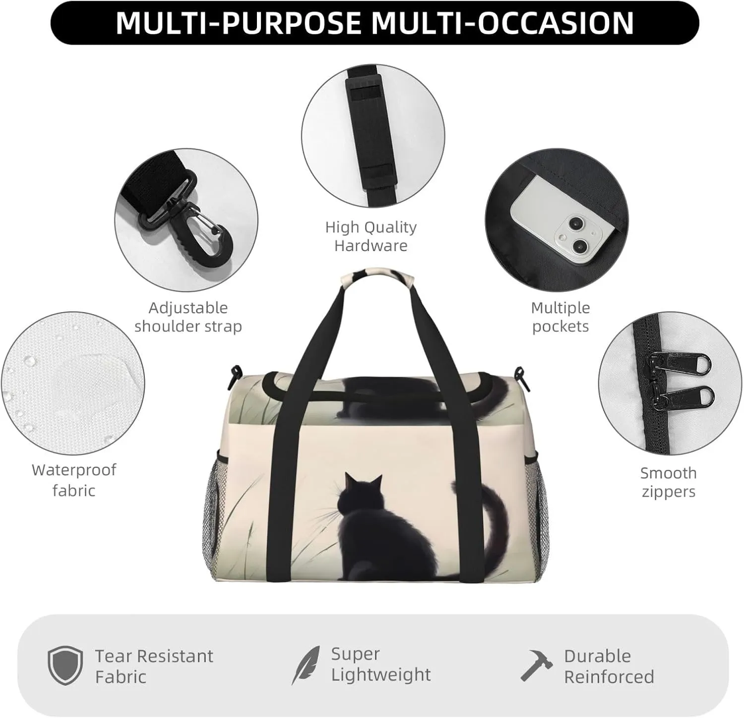 Cute Black Cat Big Capacity Sports Gym Bag Portable Travel Duffle Bag, Butterfly Kitten Lightweight Weekender Workout Bag for Overnight, Unisex