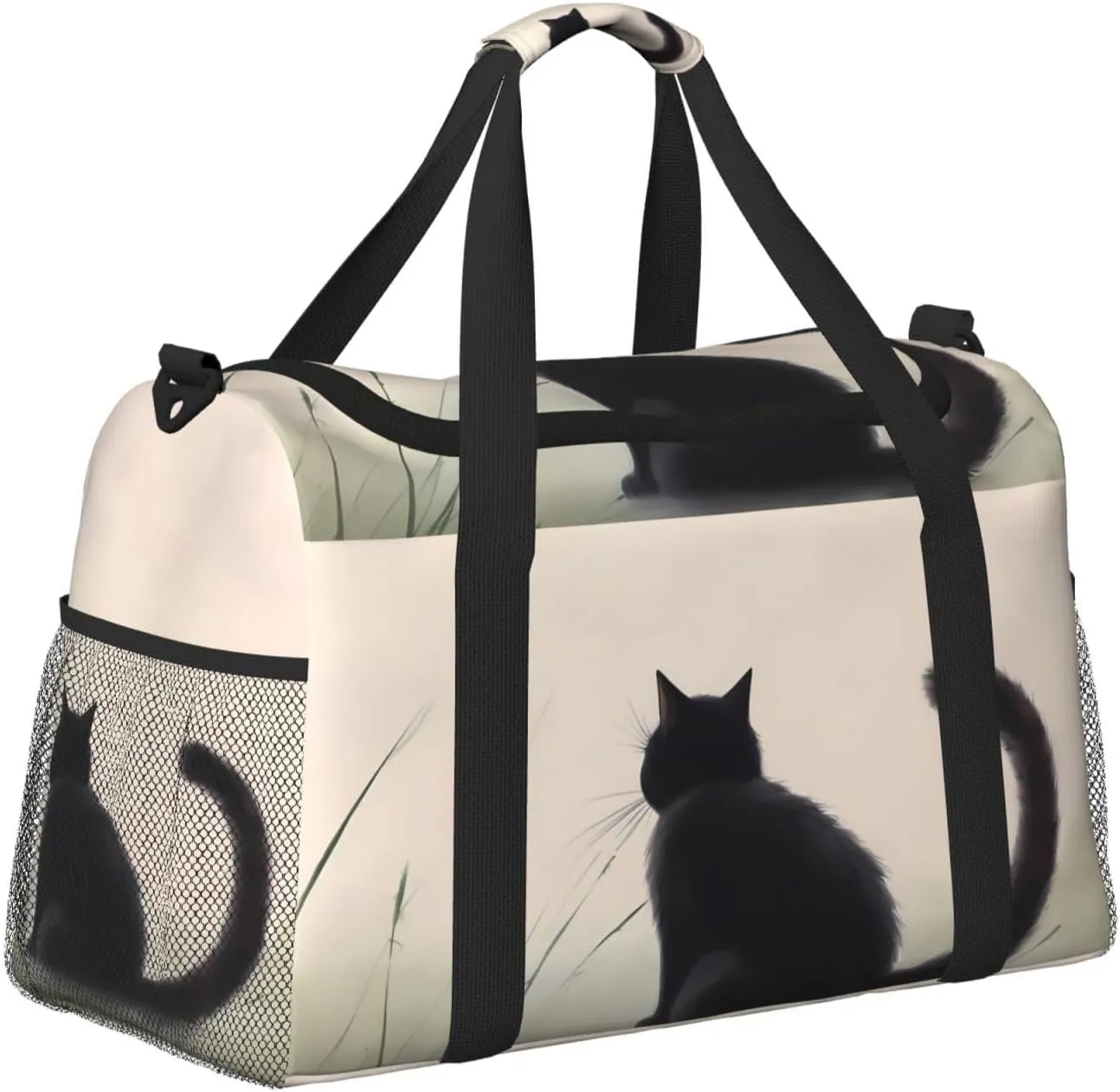 Cute Black Cat Big Capacity Sports Gym Bag Portable Travel Duffle Bag, Butterfly Kitten Lightweight Weekender Workout Bag for Overnight, Unisex