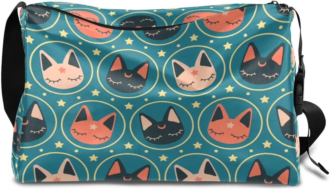 Cute Star Moon Cat Small Gym Bag for Men Women Workout Sport Duffle Bag Waterproof Weekender Overnight Bag Lightweight Carry on Tote Bag Crossbody Shoulder Travel Bag for Swim Yoge Dance