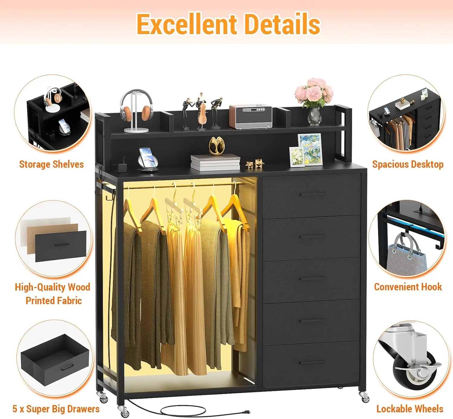 Cyclysio Dresser for Bedroom with Clothes Rack & Shelves, 5 Fabric Drawers Dresser with Charging Station & LED Lights, Chest of Drawers with Lockable Wheels, Storage Shelves, Closet, Entryway (Black)