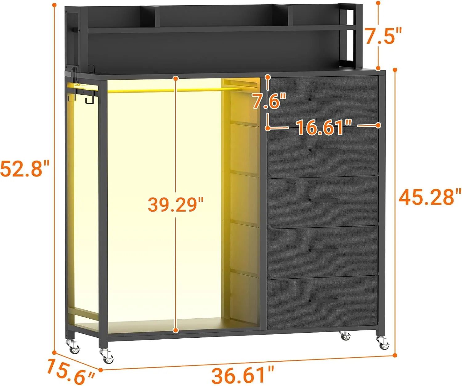 Cyclysio Dresser for Bedroom with Clothes Rack & Shelves, 5 Fabric Drawers Dresser with Charging Station & LED Lights, Chest of Drawers with Lockable Wheels, Storage Shelves, Closet, Entryway (Black)