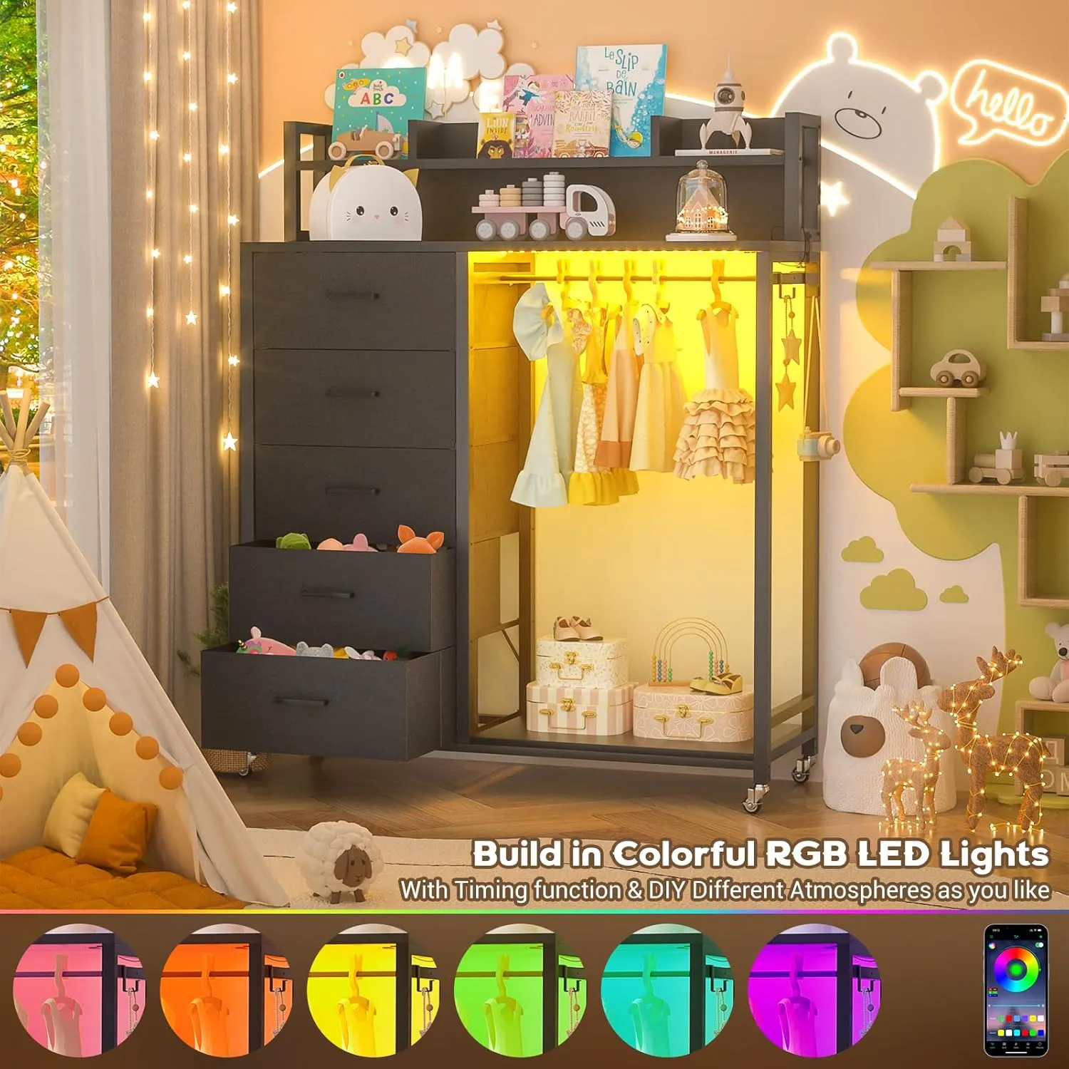 Cyclysio Dresser for Bedroom with Clothes Rack & Shelves, 5 Fabric Drawers Dresser with Charging Station & LED Lights, Chest of Drawers with Lockable Wheels, Storage Shelves, Closet, Entryway (Black)