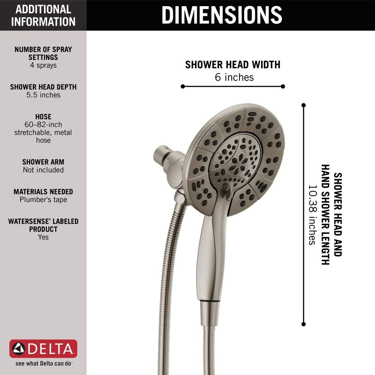 Delta Faucet 4-Spray In2ition Dual Shower Head with Handheld Spray, Brushed Nickel Shower Head with Hose, Showerheads & Handheld Showers, Handheld Shower Heads, Stainless 58499-SS