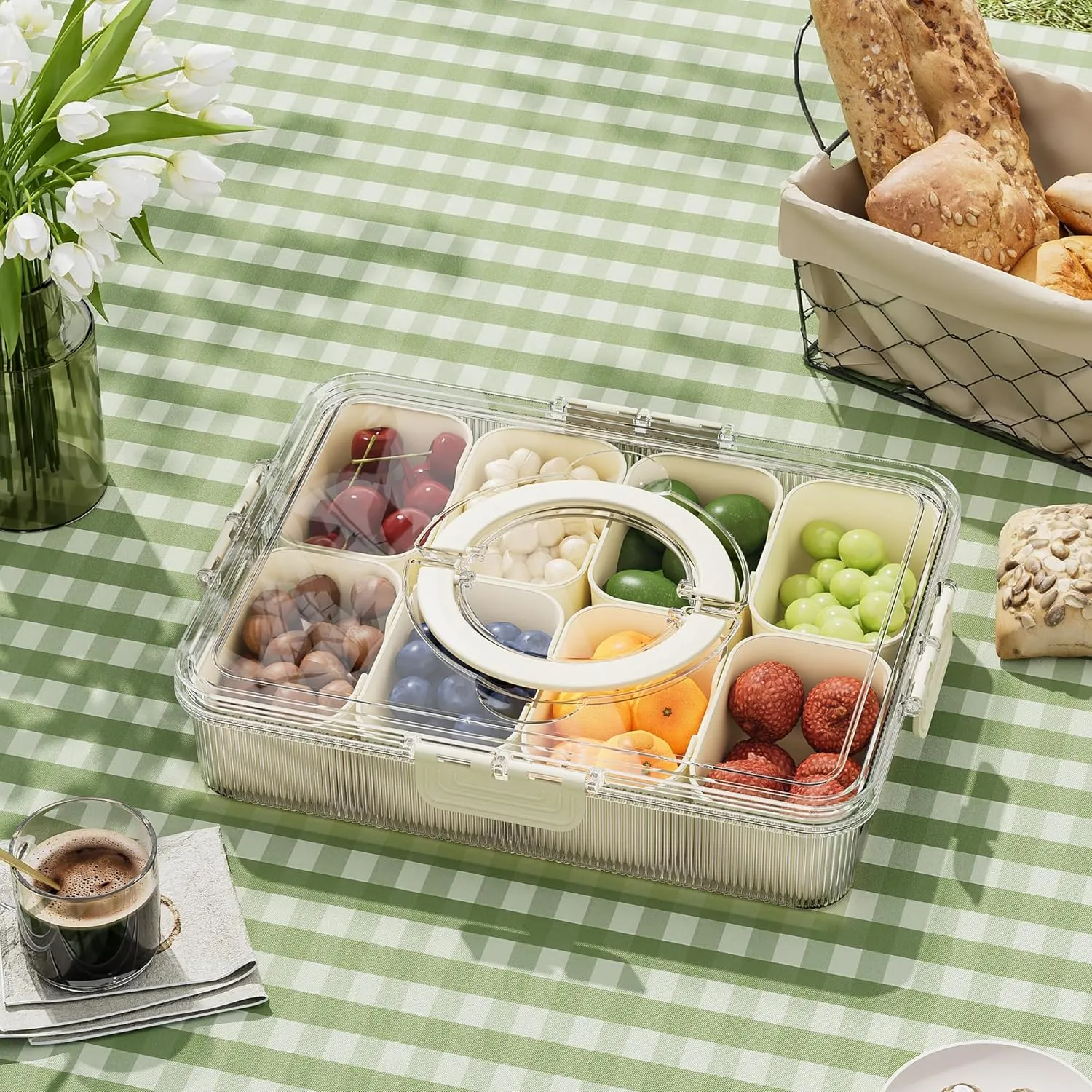 Design Ribbed Snackle Box Container Snack Container Divided Serving Tray with Lid and Handle, 8 Divider Portable Snacklebox for Travel Beach for Charcuterie Veggie Fruit Candy,1 Pack
